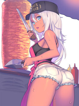 Rule 34 | 1girl, apron, ass, back, bare shoulders, baseball cap, black hat, blue eyes, bottle, breasts, clothes writing, cooking, cowboy shot, cutoffs, dark-skinned female, dark skin, denim, denim shorts, doner kebab, doner sandwich, enkyo yuuichirou, female focus, food, food stand, from behind, grill, hair between eyes, hat, headwear writing, highres, hisho collection, holding, ketchup, knife, lipstick, long hair, looking at viewer, looking back, makeup, meat, medium breasts, mustard, open mouth, original, pink lips, pocket, rotisserie, shish kebab, short shorts, shorts, sideboob, solo, standing, sweat, tank top, thighs, tongue, tongue out, vertical rotisserie, white background, white hair, white shorts
