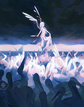 1girl arms_at_sides artist_logo bare_arms barefoot bird blunt_bangs broken closed_eyes cloud color_contrast column commentary contrapposto dark_cloud darkness dress english_commentary exposed_bone eyelashes facing_viewer falling_feathers feathered_wings feathers feet_up flat_chest flock happy head_tilt heron high_ponytail holding holding_feather horizon light_smile logo loika long_dress long_hair open_mouth original overcast pillar plucked_feathers ponytail sidelighting skeletal_wings skirt_hold sky sleeveless sleeveless_dress solo standing standing_on_one_leg straight_hair sunlight surreal white_bird white_dress white_hair white_sky white_theme white_wings wide_shot wings