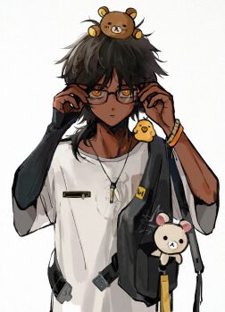 1boy adjusting_eyewear arknights bag bear bird black-framed_eyewear black_hair black_sleeves cameo dark-skinned_female dark-skinned_male dark_skin duck fanny_pack hands_up highres jewelry korilakkuma layered_sleeves long_hair long_sleeves looking_at_viewer male_focus necklace official_alternate_costume ponytail rilakkuma san-x shirt short_over_long_sleeves short_sleeves shoulder_bag simple_background single_sleeve sleeves_past_wrists solo thorns_(arknights) thorns_(comodo)_(arknights) tsun_(yucuncuncun) upper_body white_background white_shirt yellow_eyes