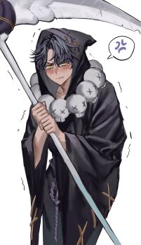1boy anger_vein angry biting_own_lip black_cloak black_hair blush chamuring cloak commentary_request cookie_run embarrassed highres holding holding_scythe hood hood_up hooded_cloak jewelry korean_commentary licorice_cookie looking_at_viewer male_focus necklace orange_eyes scythe simple_background skull_necklace spoken_anger_vein trembling white_background wide_sleeves
