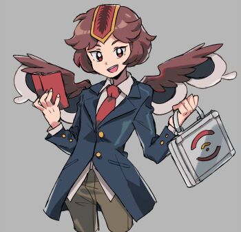 Rule 34 | 1other, androgynous, blue jacket, book, briefcase, brown hair, brown pants, collared shirt, commentary, cowboy shot, english commentary, headpiece, highres, holding, holding book, holding briefcase, jacket, jeto (jetopyon), kokutenshi hibaru, len'en, long sleeves, looking at viewer, necktie, open mouth, other focus, pants, pocketbook, red eyes, red headwear, red necktie, shirt, short hair, smile, solo, teeth, upper teeth only, white shirt, wings