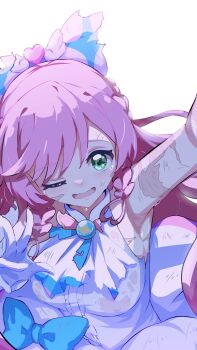 1girl absurdres arm_up ascot blue_bow bow braid breasts brooch commentary_request cure_prism dirty dirty_clothes dress glove_bow gloves green_eyes hair_bow hair_ornament heart highres hirogaru_sky!_precure jewelry long_hair looking_at_viewer magical_girl nijigaoka_mashiro one_eye_closed open_mouth pink_hair precure sanami_(sanami_t_38) scar scar_on_arm side_braid side_braids simple_background sleeveless sleeveless_dress smile solo sweat twin_braids very_long_hair wet wet_clothes white_ascot white_background white_bow white_dress white_gloves wing_brooch wing_hair_ornament