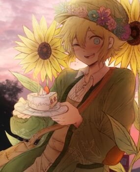 Rule 34 | 1boy, ;d, backlighting, basil (birthday) (omori), basil (faraway) (omori), basil (omori), blonde hair, blue flower, blue rose, blush, brown hat, brown overalls, buttons, cake, cake slice, cangying700, cardigan, chinese commentary, cloud, collared shirt, commentary request, crying, double-parted bangs, fingernails, flipped hair, flower, flower wreath, food, fruit, green cardigan, hair between eyes, hands up, hat, hatching (texture), head wreath, highres, holding, holding plate, leaf, long sleeves, male focus, newsboy cap, no sclera, official alternate costume, omocat (style), omori, one eye closed, open cardigan, open clothes, open mouth, outdoors, overalls, photo background, pink flower, pink rose, plate, puffy long sleeves, puffy sleeves, purple flower, purple sky, ribbed shirt, rose, shirt, short hair, sidelocks, sky, smile, solo, standing, strawberry, strawberry cake, sun, sunflower, sunlight, tareme, tears, tears from one eye, teeth, tongue, tree, upper body, upper teeth only, whipped cream, white shirt, wide-eyed