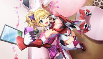 1girl armored_leotard bedroom blonde_hair bodysuit breasts butterfly_hair_ornament chair cleavage computer cosplay dolphin_wave fang game_cg green_eyes hair_ornament highres indoors izumi_kiri large_breasts leotard medium_breasts medium_hair non-web_source official_art one_eye_closed ootomo_takuji open_mouth red_bodysuit selfie senki_zesshou_symphogear side_ponytail skirt smile solo unworn_headwear unworn_skirt v v_over_eye yukine_chris yukine_chris_(cosplay)