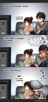 1boy 1girl 3koma :t annoyed artist_self-insert black_eyes black_hair blush bottle bowl broken_heart brown_eyes brown_hair comic couch eating english_text food glasses heart highres hood hooded_sweater indoors kawacy leaning_back on_couch original pillow popcorn real_life_insert saliva sleeping sleeping_on_person sweater triangle_mouth unworn_eyewear watching_television zzz
