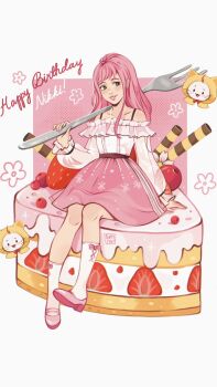 Rule 34 | 1girl, ahoge, alternate hairstyle, animal, ankle socks, belt, birthday, birthday cake, black belt, black eyes, bow, bow legwear, bowtie, bra strap, brown eyes, cake, cake slice, carrying over shoulder, cat, center frills, character name, cinnamon stick, cloak, clothed animal, collarbone, commentary, cross-laced clothes, cross-laced legwear, ear covers, english commentary, english text, eyelashes, flower, food, fork, frilled shirt, frilled sleeves, frills, fruit, full body, happy birthday, head only, high heels, high ponytail, highres, holding, holding fork, hood, hood up, hooded cloak, icing, infinity nikki, knees, layered skirt, light blush, lipstick, long hair, long sidelocks, long sleeves, looking at viewer, makeup, mary janes, medium skirt, momo (nikki), nikki (nikki), nikki (series), nostrils, off-shoulder shirt, off shoulder, on food, oversized food, oversized object, parted lips, perfect start (infinity nikki), pink background, pink bow, pink hair, pink lips, pink shoes, pink skirt, pleated skirt, ponytail, print skirt, puffy long sleeves, puffy sleeves, pumps, red bow, red bowtie, see-through clothes, see-through sleeves, sennydoesarty, shirt, shoes, sidelocks, sitting, skirt, sleeves past wrists, smile, snowflake print, socks, solid circle eyes, strawberry, strawberry shortcake, strawberry slice, two-tone background, whiskers, white background, white cat, white shirt, white skirt, white socks, yellow cloak