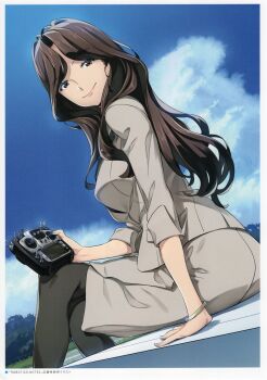 absurdres black_pantyhose blue_sky bracelet breasts brown_eyes brown_hair brown_jacket brown_skirt cloud controller english_text fukuda_tomonori grass highres holding holding_controller jacket jewelry long_hair looking_back medium_breasts narrowed_eyes non-web_source official_art outdoors pantyhose red_lips robotics;notes science_adventure senomiya_misaki sitting skirt sky smile tree