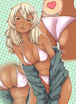 Rule 34 | 1girl, :o, absurdres, ass, bikini, black shirt, blush, breasts, brown eyes, cleavage, collarbone, cowboy shot, dark-skinned female, dark skin, guilty gear, guilty gear xrd, heart, highres, leaning forward, long hair, navel, open clothes, open shirt, polka dot, polka dot background, ramlethal valentine, shiny skin, shirt, spoken heart, stomach, striped clothes, striped shirt, sugajyun, swimsuit, white bikini, white hair