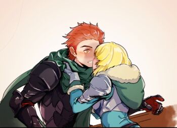 1boy 1girl armor black_armor blonde_hair blush cape commentary_request fire_emblem fire_emblem:_three_houses full-face_blush fur_trim green_cape green_hood hetero imminent_kiss ingrid_brandl_galatea ingrid_brandl_galatea_(timeskip) nintendo orange_eyes orange_hair short_hair sylvain_jose_gautier sylvain_jose_gautier_(timeskip) tundram