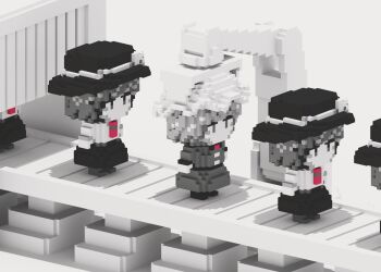 2girls assembling bow buttons clone commentary_request dress fedora greyscale hat hat_bow highres maribel_hearn mechanical_arms mob_cap monochrome multiple_girls necktie production_line red_necktie shoes short_hair single_mechanical_arm skirt spot_color touhou usami_renko voxel_art wasabisuke white_background white_hat