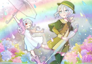2girls absurdres black_thighhighs boots bush capelet curly_hair flower hat highres leaf long_hair megitti multiple_girls one_eye_closed original petals rain rainbow red_eyes short_hair smile thighhighs umbrella white_eyes white_hair