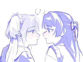 2girls ? blue_theme braid commentary english_commentary eye_contact face-to-face flower hair_flower hair_ornament hair_ribbon half_up_braid half_updo highres hood hoodie link!_like!_love_live! looking_at_another love_live! multiple_girls murano_sayaka murano_sayaka_(winter_loungewear) osawa_rurino osawa_rurino_(winter_loungewear) parted_lips pipi_(m1x_mix) portrait ribbon shared_speech_bubble speech_bubble spoken_question_mark sweater_vest twintails virtual_youtuber yuri