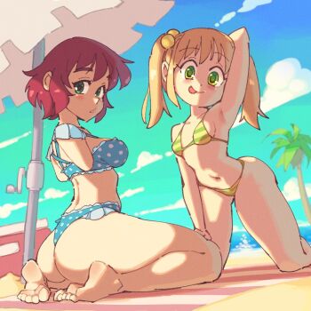 2girls amputee arm_behind_head armless_amputee armpits ass beach beach_umbrella bikini blonde_hair blue_sky breasts cloud day double_amputee frilled_bikini frills green_eyes hand_on_lap hand_on_own_leg hand_on_own_thigh horizon ibarazaki_emi katawa_shoujo large_breasts legless_amputee licking_lips looking_at_viewer multiple_girls navel ocean outdoors palm_tree polka_dot polka_dot_bikini red_hair rtil sand shore short_hair sideboob sky small_breasts smile striped_bikini striped_clothes swimsuit tezuka_rin thong_bikini tongue tongue_out tree twintails umbrella water