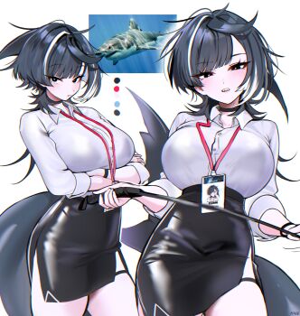 1girl absurdres arms_under_breasts artist_name black_choker black_eyes black_hair black_skirt blush breasts bright_pupils cetacean_tail choker closed_mouth collared_shirt color_guide cowboy_shot crossed_arms dress_shirt fins fish fish_tail great_white_shark haze_(7h4ze) high-waist_skirt highres holding id_card lanyard large_breasts long_hair long_sleeves looking_at_viewer multicolored_hair multiple_views office_lady open_mouth original pencil_skirt personification photo_inset riding_crop shark_girl shark_tail sharp_teeth shirt side_slit skirt streaked_hair tail teeth thigh_strap tsurime two-tone_hair underbust upper_teeth_only white_hair white_streaks