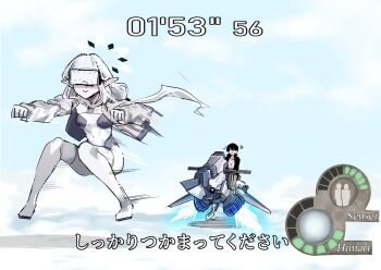 1boy 1girl blue_archive bodysuit breasts commentary_request ganma_(nicoseiga52595768) halo head-mounted_display highres himari_(armed)_(blue_archive) himari_(blue_archive) hover_bike jacket long_hair long_sleeves official_alternate_costume parody pointy_ears resident_evil resident_evil_4 sensei_(blue_archive) small_breasts smile translation_request user_interface white_bodysuit white_hair white_halo white_jacket