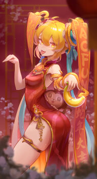 1girl :p acfun acfun_girl alicks_(pixiv_19241330) ass banana blonde_hair blurry blurry_background blurry_foreground breasts bun_cover china_dress chinese_clothes chinese_knot chinese_new_year cowboy_shot dress fai_chun floral_background flower food from_side fruit good_fortune_symbol hair_bun hair_ornament hands_on_another's_waist hands_up highres holding holding_food holding_fruit lantern lattice long_dress looking_at_viewer medium_breasts monkey paper_lantern pink_flower red_background red_dress short_hair sleeveless sleeveless_dress snake snake_wrapped_around_arm solo star_(symbol) star_hair_ornament thigh_strap tongue tongue_out yellow_eyes