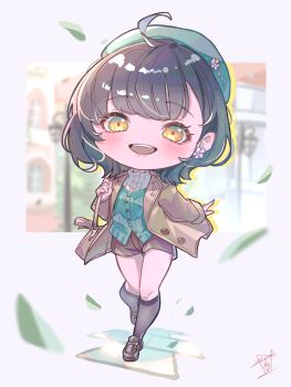 1girl absurdres ahoge bag black_hair black_shoes black_socks brown_bag brown_jacket brown_shorts cardigan center_frills commentary_request earrings flower_earrings frilled_shirt frills green_cardigan green_hat hat highres holding_strap jacket jewelry kirisaki_nuko kneehighs loafers long_sleeves medium_hair open_clothes open_jacket parerdemia_gakuen penny_loafers sakuraba_una shirt shoes short_shorts shorts shoulder_bag socks solo virtual_youtuber white_shirt yellow_eyes