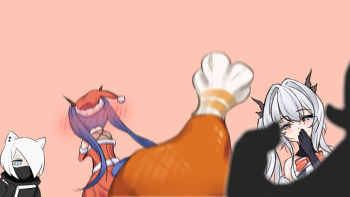 Rule 34 | 1other, 3girls, animal ears, arknights, bare shoulders, black gloves, black jacket, blue eyes, blue hair, blurry, blurry foreground, blush, bow, bowtie, ch'en (arknights), christmas, commentary request, covered mouth, covering own mouth, depth of field, dragon girl, dragon horns, dragon tail, dress, ear piercing, food, fur-trimmed dress, fur-trimmed headwear, fur trim, gloves, grey eyes, grey hair, hair intakes, hair over one eye, hat, horns, jacket, long hair, looking at viewer, mask, mouth mask, multiple girls, piercing, pink background, red bow, red bowtie, red dress, red hat, santa costume, santa dress, santa hat, shirayuki (arknights), short hair, simple background, sleeveless, sleeveless dress, srpzk, tail, talulah (arknights), twintails, very long hair, weasel ears, weasel girl, white hair