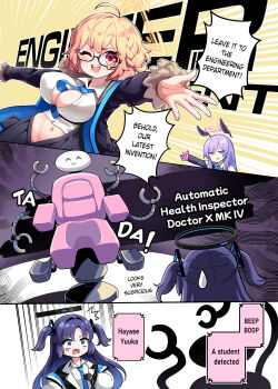 3girls blonde_hair blue_archive blue_necktie breasts chain dress_shirt english_text glasses highres hm_(hmongt) kotori_(blue_archive) large_breasts machine multiple_girls navel necktie panties purple_hair school_uniform shirt twitter underwear utaha_(blue_archive) white_hair yuuka_(blue_archive)