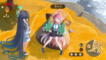 aris_(blue_archive) black_hair blue_archive blue_eyes hair_between_eyes halo heterochromia highres hoshino_(blue_archive) long_hair long_sleeves miaki_(mi_autumn39) necktie nintendo open_mouth parody pink_hair pink_halo rocket shirt tagme the_legend_of_zelda the_legend_of_zelda:_tears_of_the_kingdom translation_request user_interface very_long_hair yellow_eyes