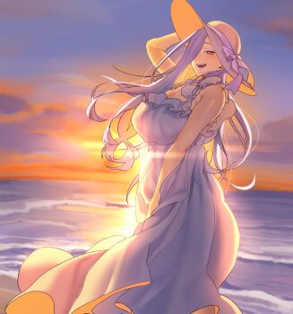 1girl absurdres backlighting bare_shoulders beach blue_lips blue_sky blush breasts cleavage commentary_request dress eyeliner fate/grand_order fate_(series) gradient_sky hair_over_one_eye hat highres hiyayaako large_breasts long_hair looking_at_viewer makeup mrs._snake_(fate) ocean orange_sky sky smile solo sun_hat sunset twilight white_dress white_hair yellow_eyes