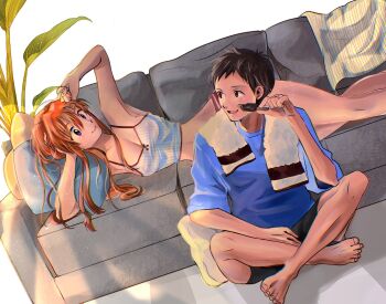 1boy 1girl armpits bare_arms bare_legs bare_shoulders barefoot black_eyes black_hair black_shorts blue_eyes blue_pillow blue_shirt breasts cleavage collarbone commentary couch couple crop_top dan_da_dan86 english_commentary facing_another food green_leaf hair_between_eyes hair_over_shoulder hand_on_own_head head_on_pillow highres holding holding_food holding_ice_cream ice_cream ikari_shinji indian_style jewelry leaf legs long_hair looking_at_another lying medium_breasts midriff neon_genesis_evangelion on_couch on_side orange_hair panties parted_bangs parted_lips pillow pink_lips plant playing_with_own_hair potted_plant red_panties ring shirt short_hair shorts sidelocks simple_background sitting smile souryuu_asuka_langley striped_clothes striped_panties striped_shirt striped_towel sunlight thighs towel towel_around_neck underwear unworn_shirt vertical-striped_clothes vertical-striped_shirt wedding_ring white_background white_shirt yellow_pillow