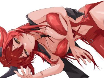 1girl antenna_hair between_breasts black_jacket blush breasts cleavage commentary_request double-parted_bangs dress goddess_of_victory:_nikke hair_between_eyes halter_dress halterneck highres horns jacket jacket_on_shoulders large_breasts long_hair looking_at_viewer lying mechanical_horns navel official_alternate_costume red_dress red_hair red_hood_(nikke) red_hood_(nonsense_red)_(nikke) simple_background smile solo strap_between_breasts tato0324iti upper_body very_long_hair white_background yellow_eyes