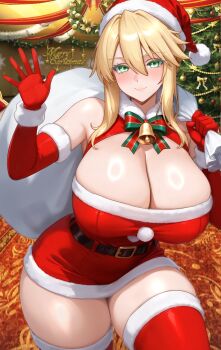 1girl absurdres ahoge artoria_pendragon_(fate) artoria_pendragon_(lancer)_(fate) bare_shoulders bell belt blonde_hair blush bow braid breasts christmas christmas_tree cleavage commentary dress elbow_gloves english_commentary fate/grand_order fate_(series) fur-trimmed_dress fur-trimmed_headwear fur_trim gloves green_eyes hair_between_eyes hat highres jingle_bell large_breasts long_hair looking_at_viewer raskasar red_dress red_gloves red_hat red_thighhighs ring_light_reflection sack santa_costume santa_dress santa_hat short_dress sidelocks smile solo thighhighs thighs