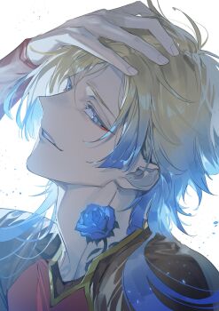 1boy absurdres blonde_hair blue_eyes blue_flower blue_hair blue_lock blue_rose bomber_tarou eyeliner flower flower_tattoo gradient_hair highres looking_at_viewer makeup male_focus medium_hair michael_kaiser multicolored_hair neck_tattoo red_eyeliner rose shirt simple_background soccer_uniform solo sportswear tattoo teeth two-tone_hair upper_teeth_only white_background