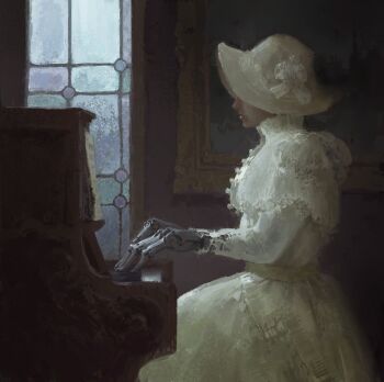 1girl anthony_brault dress hat highres holding holding_instrument instrument looking_to_the_side mechanical_hands original piano picture_frame portal_(object) prosthesis shadow sheet_music sunlight white_dress white_hat