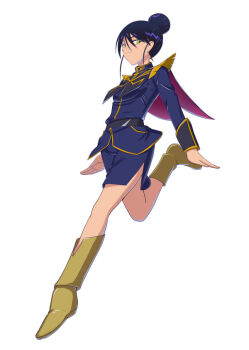1girl black_hair blue_dress blue_skirt boots cape commentary_request dress full_body gundam gundam_gquuuuuux hair_bun military_uniform moke_ro nyaan_(gundam_gquuuuuux) skirt solo yellow_eyes
