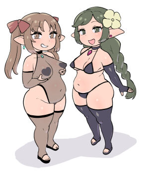 2girls belly bikini bodystocking breasts brown_eyes brown_hair character_request commentary_request copyright_request dot_nose earrings elbow_gloves fingerless_gloves flower full_body gloves green_eyes green_hair hair_flower hair_ornament jewelry long_hair medium_breasts midget muffin_top multiple_girls open_mouth pasties plump pointy_ears shadow shortstack sidelocks swimsuit thick_thighs thighhighs thighs yoshino_norihito
