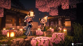 2girls 3d absurdres black_bow black_bowtie black_hairband blue_hat blue_kimono blush bow bowtie building cobblestone dress folding_fan frilled_kimono frills green_skirt green_vest hairband hand_fan hat highres hitodama japanese_clothes kimono konpaku_youmu lantern long_sleeves minecraft mob_cap multiple_girls pink_hair pixel_art ribbon saigyouji_yuyuko shirt short_hair short_sleeves skirt skirt_set smile takeez3 touhou tree triangular_headpiece vest white_hair wide_sleeves