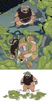 1boy absurdres aftersex anal ass axe bara beard cum cumdrip dungeon_meshi dwarf ejaculation facial_hair fake_horns fat fat_man from_above girthy_penis helmet highres holding holding_axe holding_knife horned_helmet horns knife long_beard male_focus mustache obese penis quanjiang senshi_(dungeon_meshi) sequential tearing_up tentacle_sex tentacles tentacles_on_male thick_mustache thighs very_long_beard