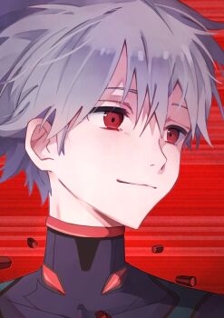 Rule 34 | 1boy, closed mouth, grey hair, highres, looking to the side, male focus, mecha pilot suit, nagisa kaworu, neon genesis evangelion, plugsuit (evangelion), portrait, red background, red eyes, saripon20090924, short hair, solo