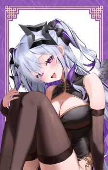 1girl absurdres alternate_costume amane_konata angel_wings black_dress black_halo black_nails black_ribbon black_thighhighs blue_hair border breasts brown_sleeves brown_thighhighs china_dress chinese_clothes chinese_knot_border cleavage cleavage_cutout clothing_cutout colored_inner_hair commentary_request detached_sleeves diamond_hair_ornament dress grey_hair hair_ribbon halo hand_on_own_knee head_tilt highres hololive knees_up large_breasts long_hair looking_at_viewer mini_wings multicolored_hair nail_polish open_mouth outside_border pelvic_curtain purple_border purple_eyes purple_hair ribbon sidelocks simple_background single_hair_intake sitting sleeveless sleeveless_dress smile solo star_halo thighhighs tongue tongue_out two_side_up very_long_hair virtual_youtuber white_background wings