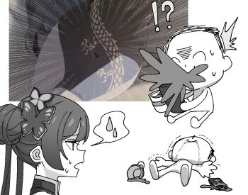 !? 1boy 1girl ^^^ ^_^ blue_archive butterfly_hair_ornament china_dress chinese_clothes closed_eyes cup doodle_sensei_(blue_archive) dress emphasis_lines hair_bun hair_ornament holding holding_cup holding_phone kisaki_(blue_archive) long_hair looking_at_another lying momomatang multiple_views on_back open_mouth partially_colored phone screenshot_inset sensei_(blue_archive) short_hair spit_take spitting spoken_sweatdrop sweatdrop trembling twintails