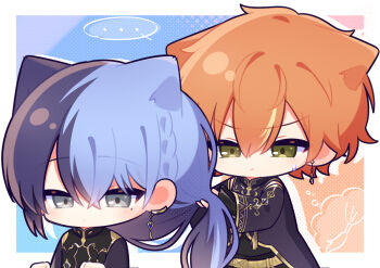 2boys animal_ears aoyagi_touya chibi chibi_only closed_mouth earrings frown green_eyes grey_eyes hand_in_another&#039;s_hair highres jewelry multicolored_hair multiple_boys orange_hair project_sekai shinonome_akito speech_bubble yunameko_0408