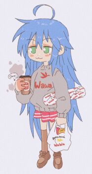 1girl :3 ahoge arrow_(symbol) bag baguette blue_hair bread brown_shoes brown_thighhighs burnt coffee cup disposable_cup drinking_glass english_text food full_body green_eyes grey_sweater grocery_bag half-closed_eyes holding holding_bag holding_cup injury inkerton-kun izumi_konata loafers logo long_hair long_sleeves lucky_star mole mole_under_eye penny_loafers print_sweater shoes shopping_bag simple_background smile solo standing steam sweater thighhighs very_long_hair wawa white_background