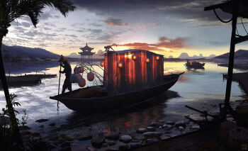 1boy animal boat cloud cloudy_sky dawn fisherman fishing hideyoshi_ruwwe highres lake landscape lantern monkey mountainous_horizon original paper_lantern reflection reflective_liquid scenery shadow shore sky solo sunlight water watercraft