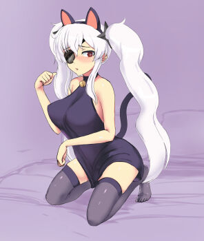 Rule 34 | alternate costume, animal ears, bell, black leotard, blush, cat ears, cat tail, commentary, embarrassed, eyepatch, grey thighhighs, hair between eyes, highres, jeaike art, kneeling, leotard, neck bell, on bed, open mouth, red eyes, senran kagura, senran kagura shoujo-tachi no shin'ei, shuriken hair ornament, sidelocks, sleeveless, tail, thighhighs, twintails, white hair, yagyu (senran kagura)