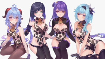 4girls absurdres alternate_costume animal_print asymmetrical_bangs bare_shoulders bell black_pantyhose black_thighhighs blue_hair blunt_bangs braid breasts bridal_gauntlets cleavage commentary cow_print cowbell english_commentary eula_(genshin_impact) bad_tag ganyu_(genshin_impact) genshin_impact gloves goat_horns green_eyes grey_background hair_between_eyes hair_ornament hair_ribbon head_tilt highres horns huge_breasts knee_up leaning_forward leaning_to_the_side light_blush lingerie long_braid long_hair looking_at_viewer mole mole_on_breast mole_under_eye multicolored_eyes multicolored_hair multiple_girls pantyhose purple_eyes purple_hair raiden_shogun ribbon shade shaded_face short_hair simple_background single_braid sitting thick_thighs thighhighs thighs underwear wariza yamabuki_(yamabuki_xxxxx) yelan_(genshin_impact)