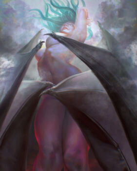 1girl artist_request berserk biggoomy black_corset breasts completely_nude corset covered_erect_nipples demon_girl demon_wings from_below groin highres large_breasts long_hair looking_at_viewer nude slan_(berserk) slit_pupils solo tentacle_hair wings yellow_eyes