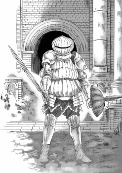 1boy 913kousatu absurdres armor armored_boots boots breastplate brick_wall column commentary_request dark_souls_(series) dark_souls_iii full_armor full_body gauntlets greyscale highres holding holding_shield holding_sword holding_weapon knight male_focus monochrome pauldrons pillar shield shoulder_armor siegward_of_catarina solo standing sword wading water weapon