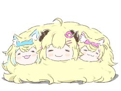 Rule 34 | 3girls, :3, ahoge, animal ear fluff, animal ears, blonde hair, blue hair, blush, closed mouth, dog ears, dog girl, fluffy, fukuinu daddy, fuwawa abyssgard, hololive, hololive english, horns, mococo abyssgard, multicolored hair, multiple girls, open mouth, pink hair, sheep girl, sheep horns, siblings, simple background, sisters, streaked hair, tsunomaki watame, twins, virtual youtuber, white background