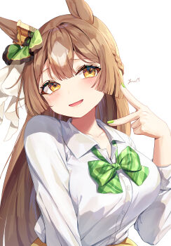 Rule 34 | 1girl, absurdres, animal ears, blush, bow, bowtie, braid, breasts, brown eyes, brown hair, collarbone, commentary request, double-parted bangs, ear ornament, green bow, green bowtie, green nails, hair between eyes, half up braid, highres, horse ears, horse girl, large breasts, long hair, long sleeves, looking at viewer, multicolored hair, open mouth, satono diamond (umamusume), shirt, simple background, smile, solo, streaked hair, umamusume, upper body, very long hair, white background, white shirt, yoru usagi