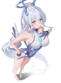 1girl absurdres bare_shoulders barefoot blue_archive blue_necktie blush breasts commentary_request full_body gloves halo hand_on_own_chest headgear highres lanhua227 large_breasts leotard long_hair looking_at_viewer mechanical_halo mechanical_wings necktie noa_(blue_archive) open_mouth purple_eyes simple_background smile solo thighs very_long_hair white_background white_hair white_leotard wings