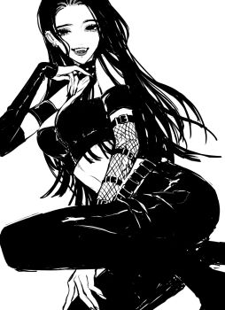 1girl bare_shoulders breasts choker crop_top detached_sleeves fangs fishnet_sleeves fishnets greyscale hand_up highres long_hair looking_at_viewer medium_breasts midriff monochrome open_mouth original pants simple_background smile solo squatting teeniika torn_clothes torn_sleeves white_background zipper zipper_pull_tab