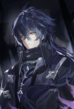 1boy ahoge antenna_hair artist_name black_background black_coat black_hair chest_jewel closed_mouth coat collared_coat commentary english_commentary expressionless flins_(genshin_impact) gem genshin_impact hair_between_eyes highres huge_ahoge long_hair long_sleeves looking_down looking_to_the_side male_focus multicolored_hair no_pupils purple_gem rente_gu shade shadow solo standing streaked_hair upper_body watermark yellow_eyes