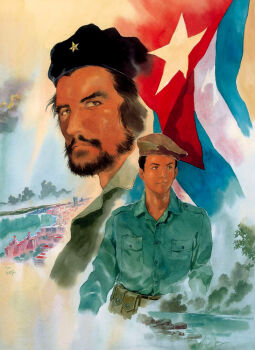 2boys animification argentine_(nationality) beard belt beret black_eyes black_hair breast_pocket brown_eyes che_guevara cityscape cuba cuban_(nationality) cuban_flag facial_hair flag goatee hat looking_at_viewer male_focus manly military military_hat military_uniform military_vehicle multiple_boys mustache outdoors painting_(medium) pocket real_life retro_artstyle shirt signature sky star_(symbol) traditional_media tree watercolor_(medium) yasuhiko_yoshikazu